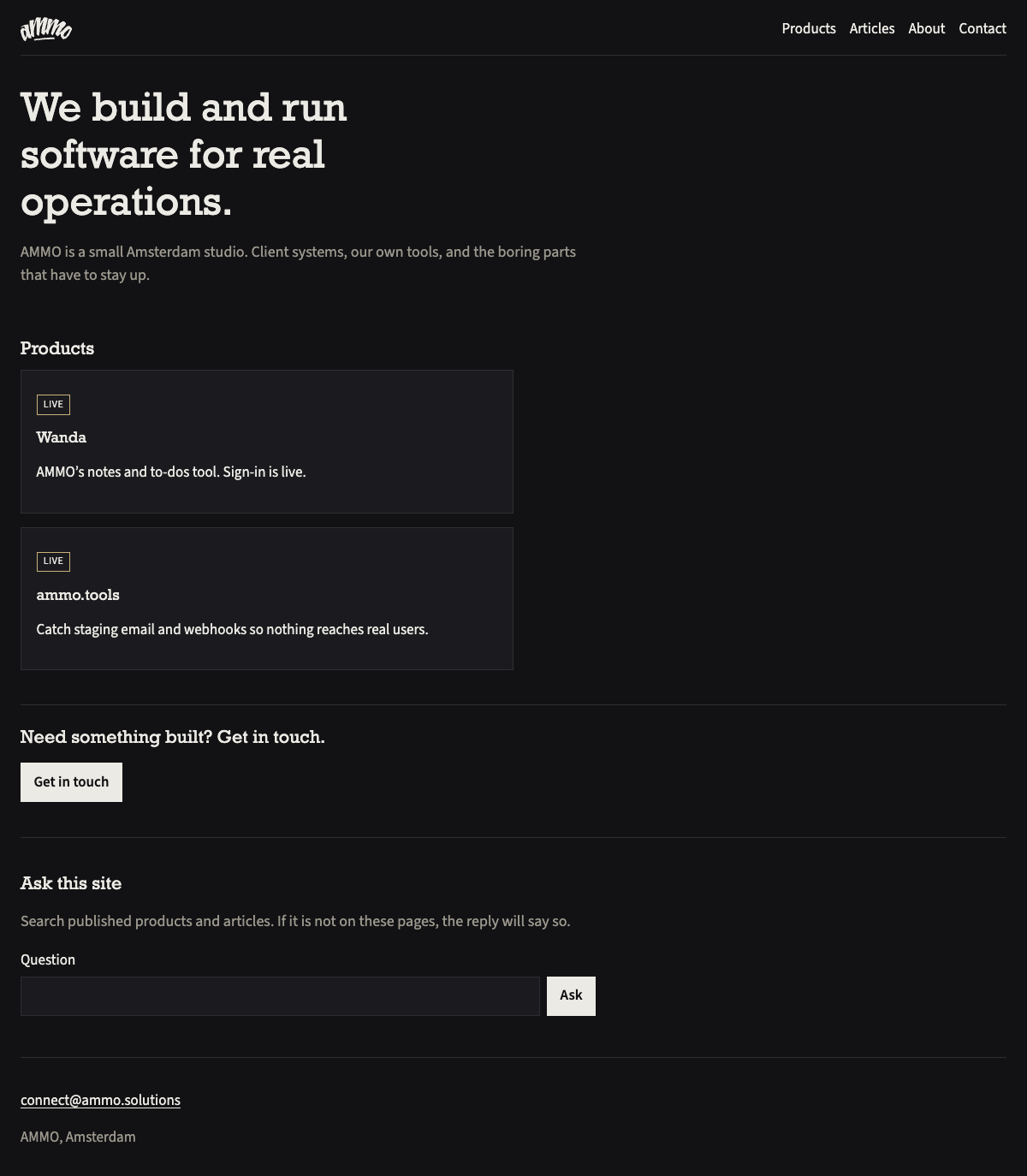 ammo.tools homepage, dark appearance